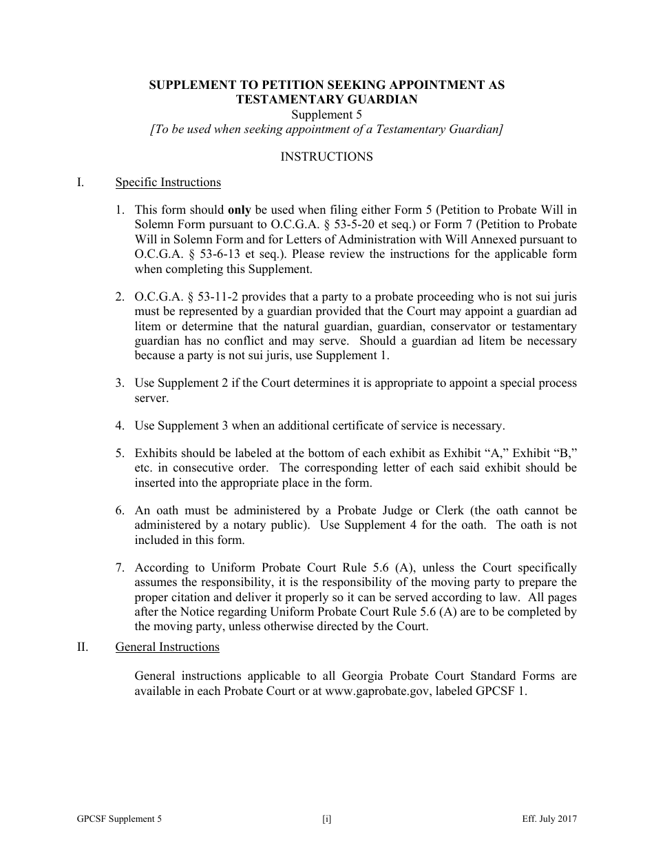 Supplement 5 Supplement to Petition Seeking Appointment as Testamentary Guardian - Georgia (United States), Page 1