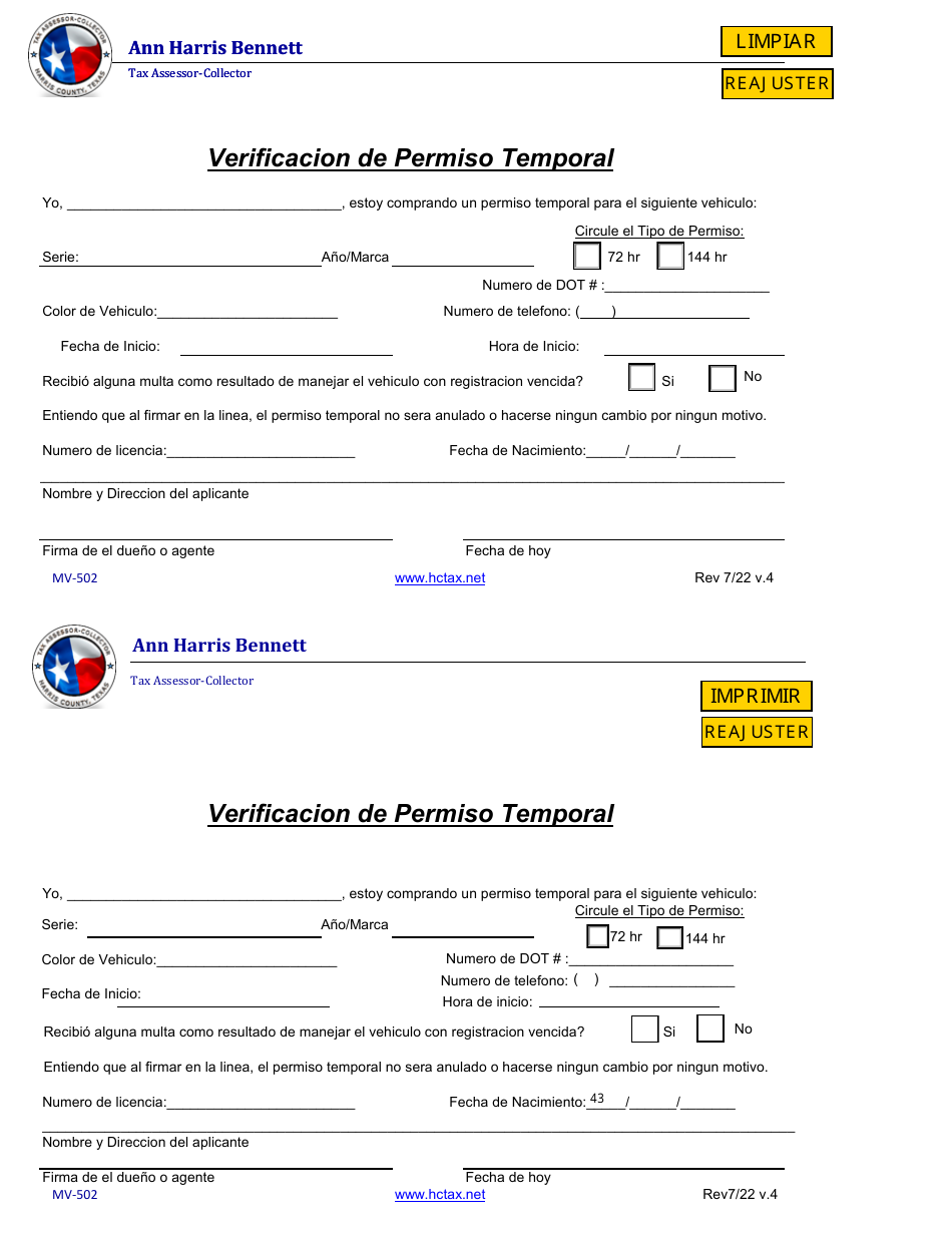 Formulario MV-502 Verificacion De Permiso Temporal - Harris County, Texas (Spanish), Page 1