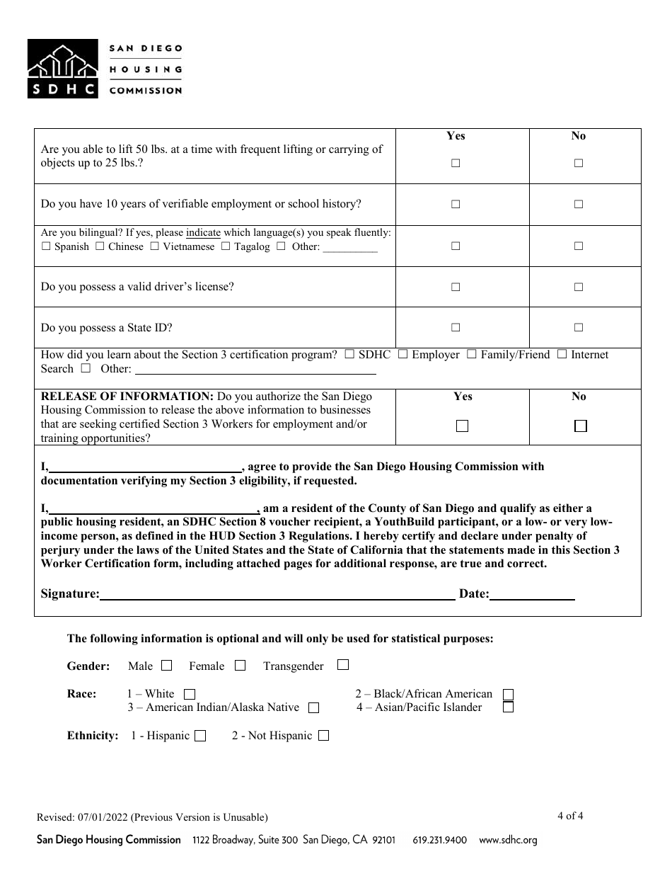 City of San Diego, California Section 3 Worker Certification Form