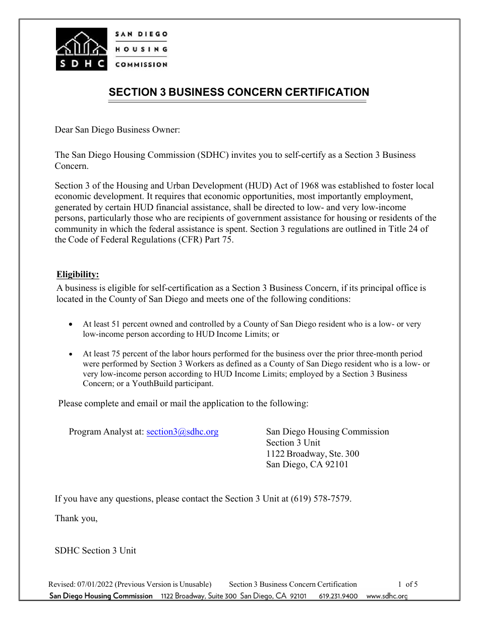 Section 3 Business Concern Certification - City of San Diego, California, Page 1