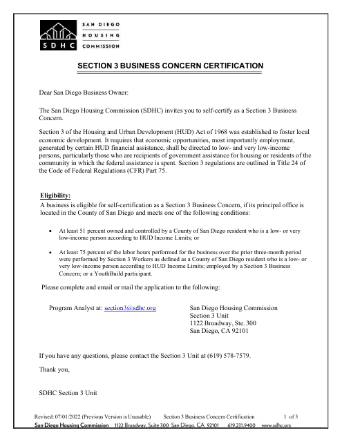 Section 3 Business Concern Certification - City of San Diego, California Download Pdf