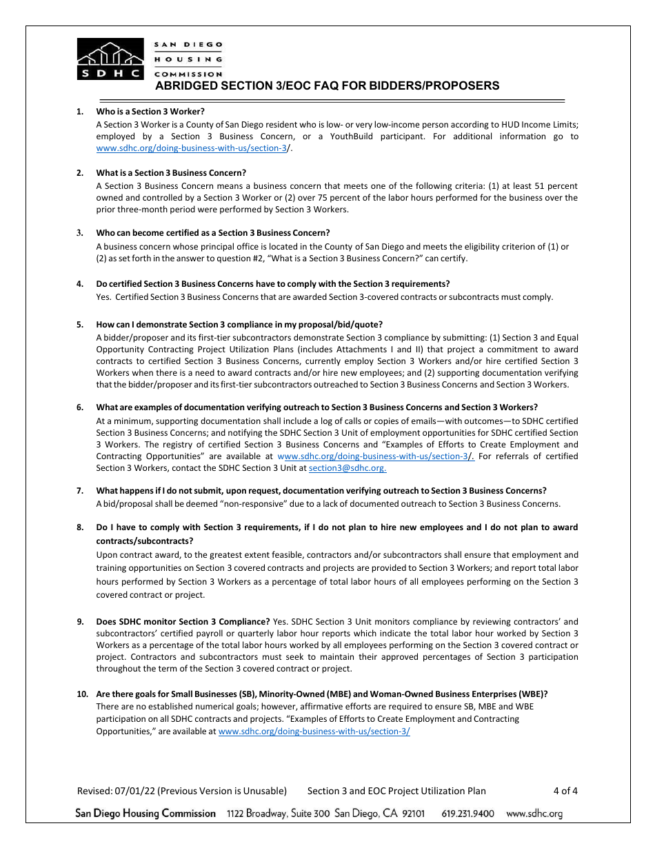 Section 3 and Equal Opportunity Contracting Project Utilization Plan - City of San Diego, California, Page 4
