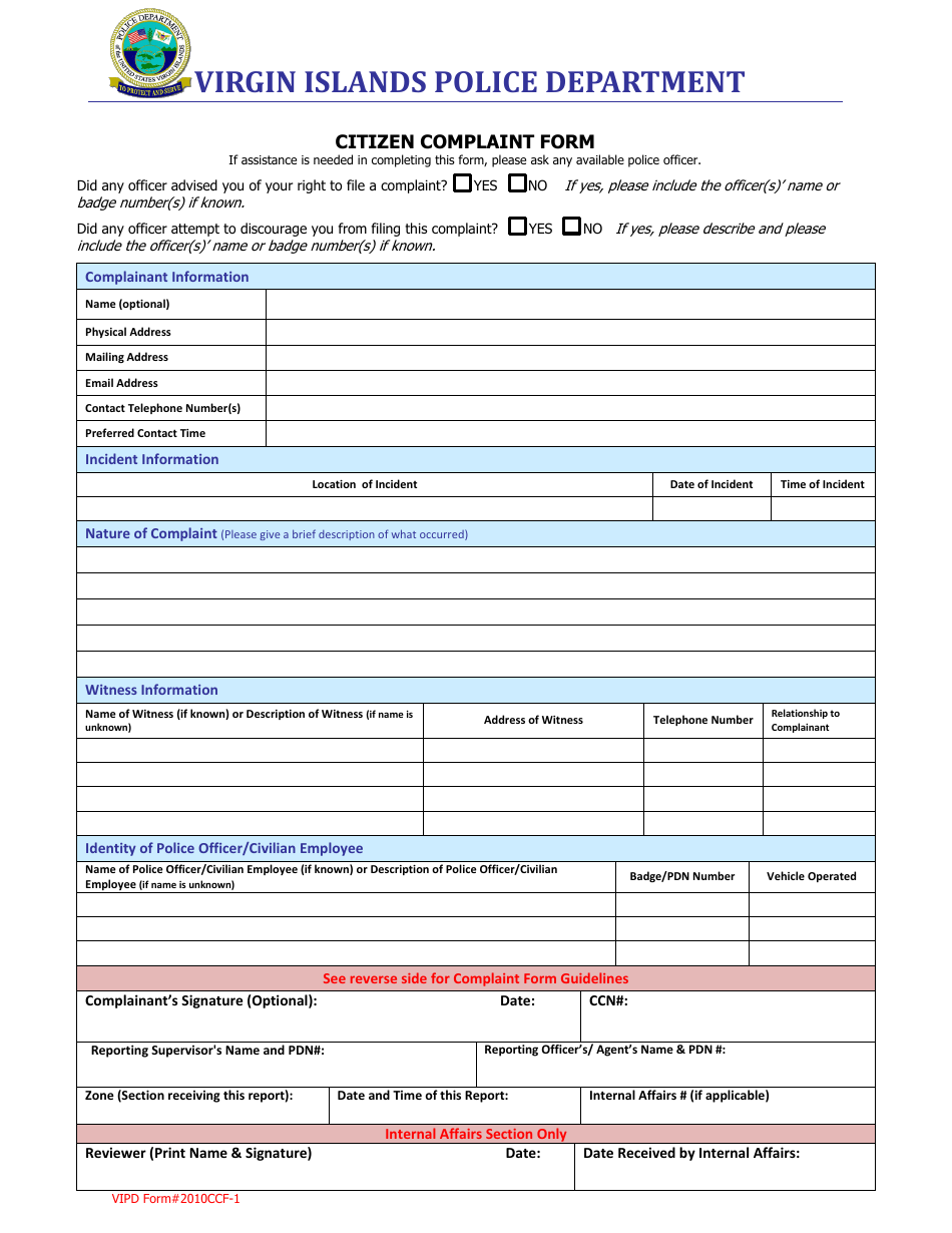 Form CCF-1 Citizen Complaint Form - Virgin Islands, Page 1