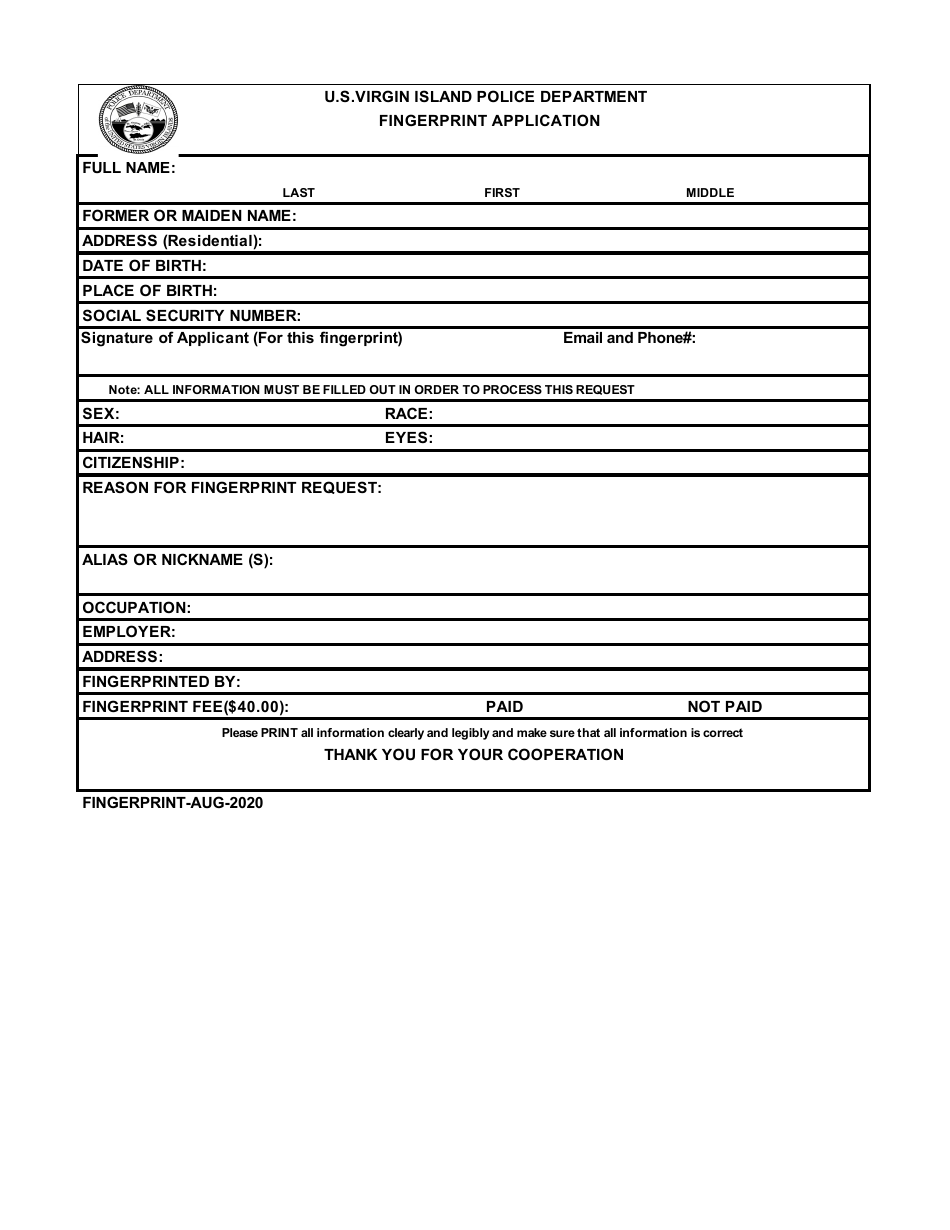 Virgin Islands Fingerprint Application Fill Out, Sign Online and