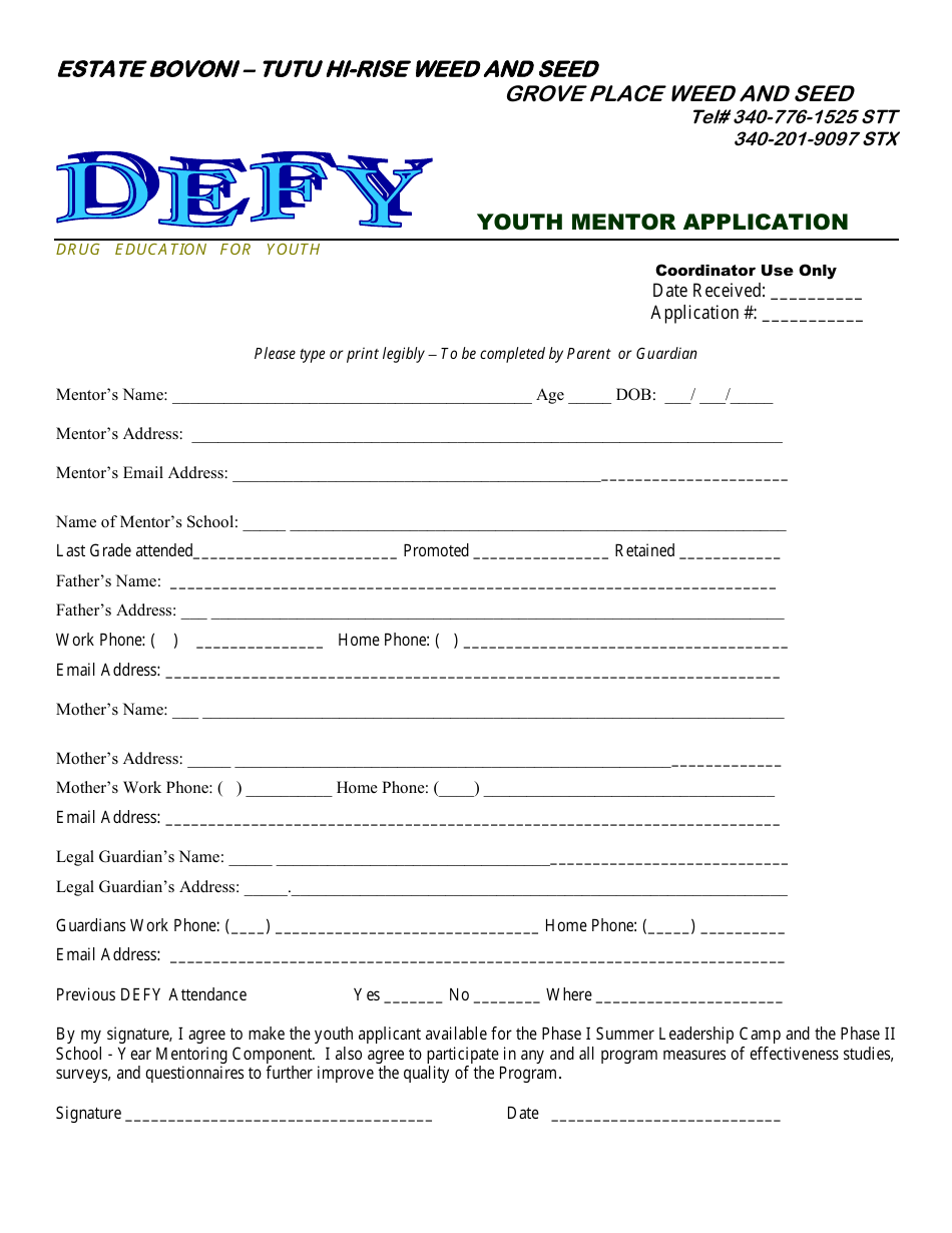 Youth Mentor Application - Drug Education for Youth - Virgin Islands, Page 1