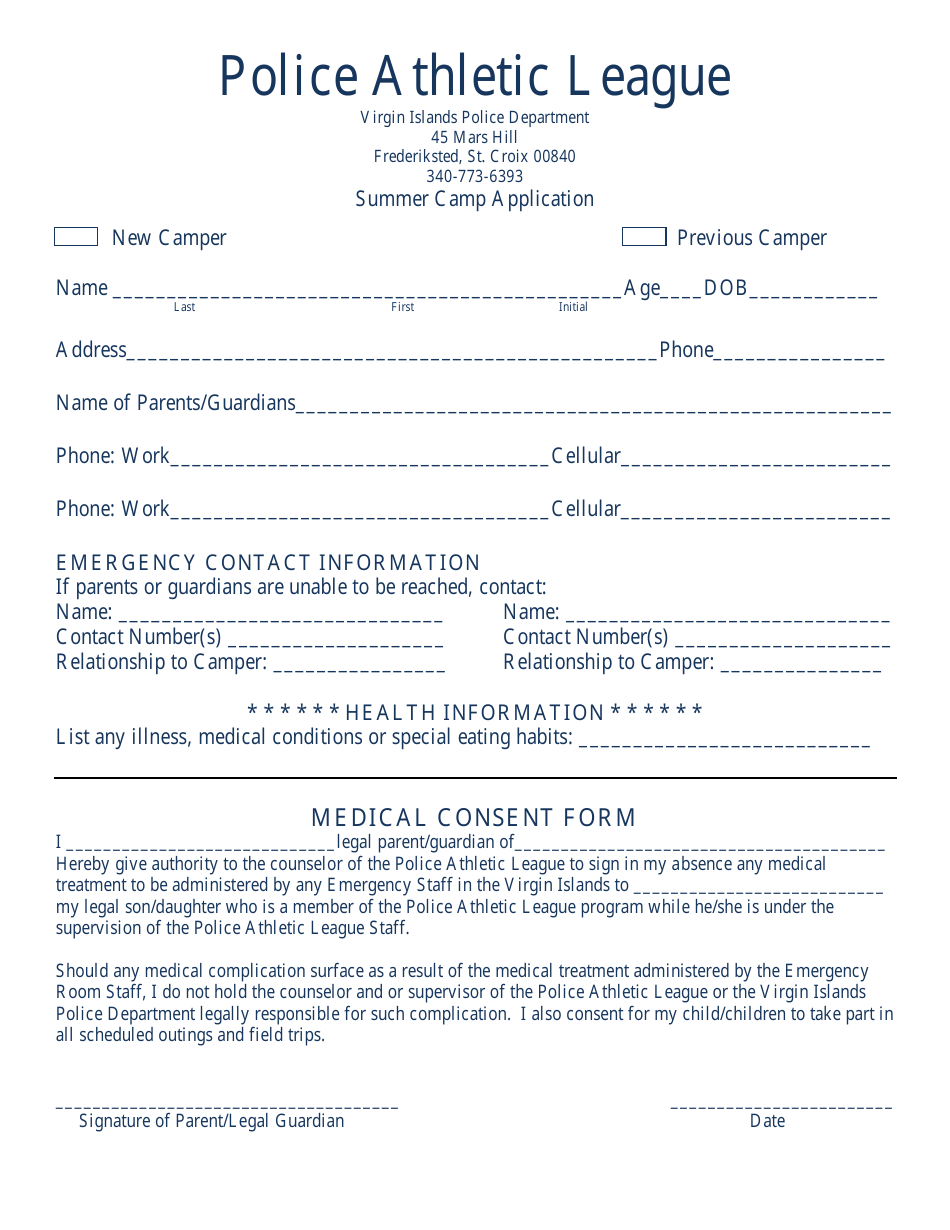 Summer Camp Application - Police Athletic League - Virgin Islands, Page 1