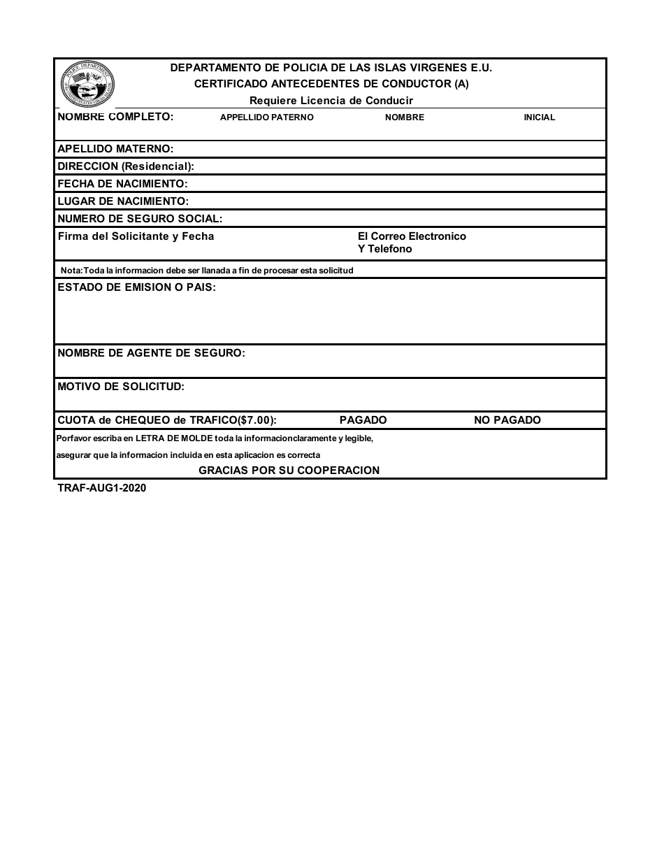 Certificado Antecedentes De Conductor (A) - Virgin Islands (Spanish), Page 1
