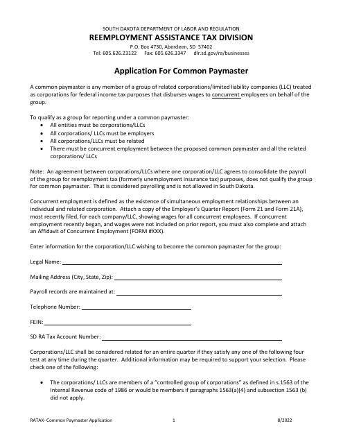 Application for Common Paymaster - South Dakota Download Pdf