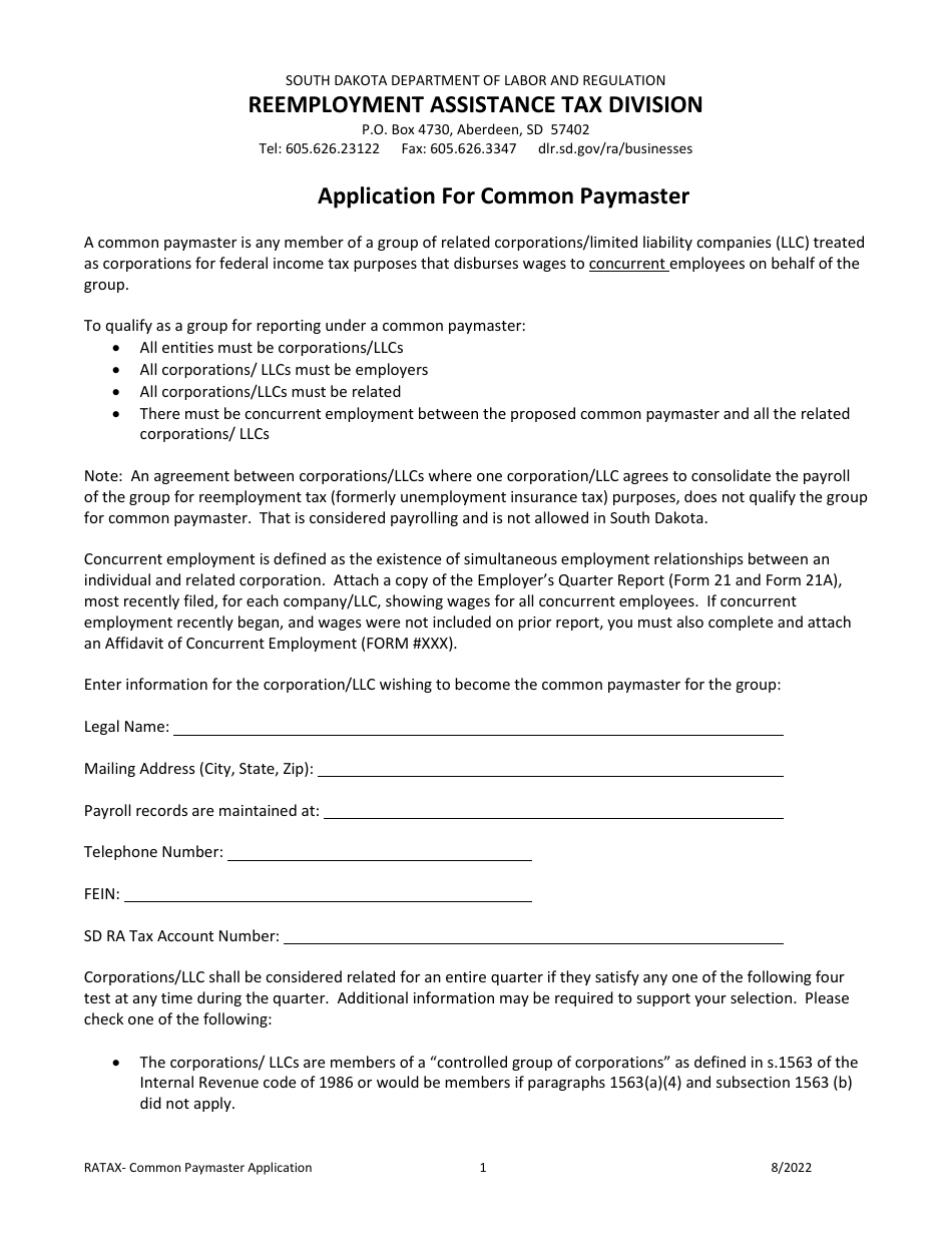 Application for Common Paymaster - South Dakota, Page 1