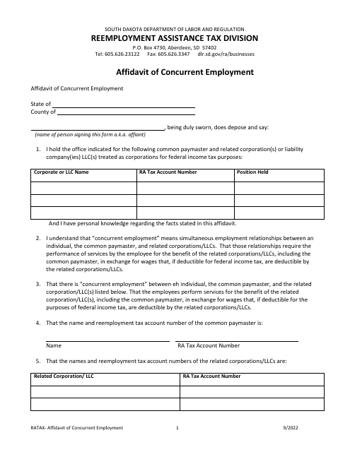 Affidavit of Concurrent Employment - South Dakota Download Pdf