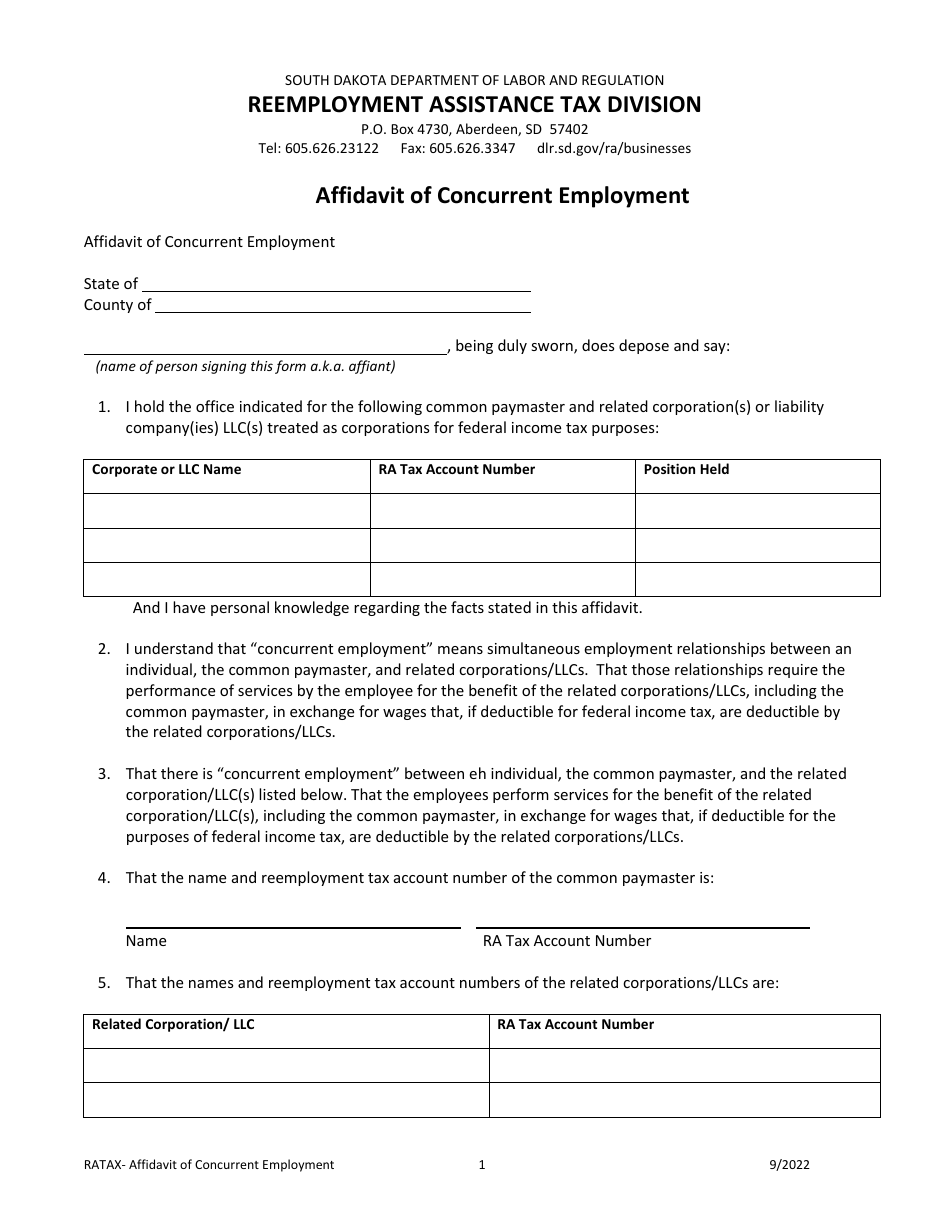 Affidavit of Concurrent Employment - South Dakota, Page 1