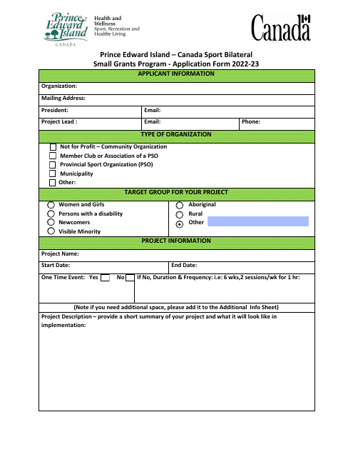 Application Form - Canada Sport Bilateral Small Grants Program - Prince Edward Island, Canada, 2023