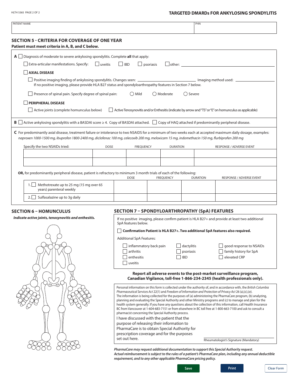 Form HLTH5365 Special Authority Request - Targeted Dmards for Ankylosing Spondylitis - Initial / Switch - British Columbia, Canada, Page 2