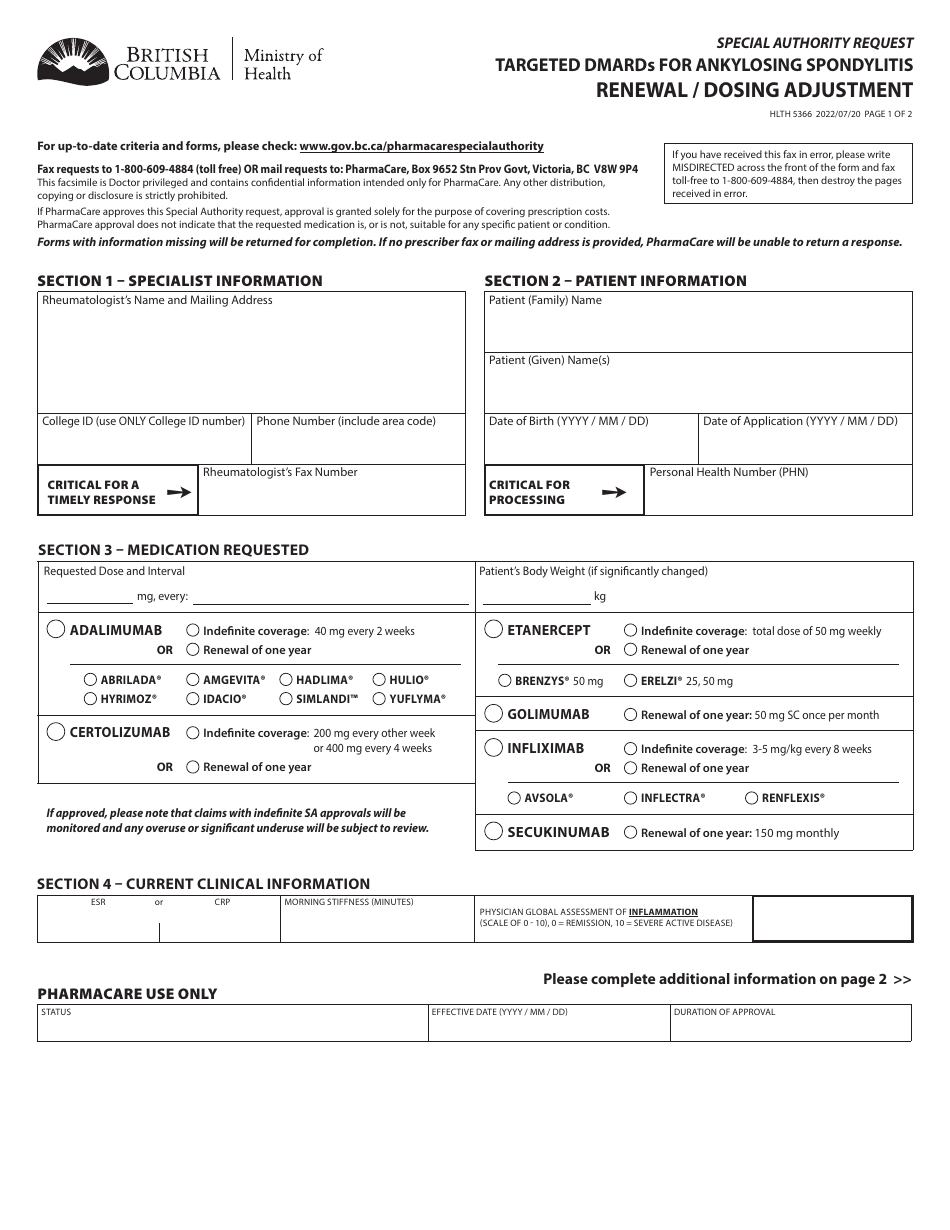 Form HLTH5366 Special Authority Request - Targeted Dmards for Ankylosing Spondylitis - Renewal / Dosing Adjustment - British Columbia, Canada, Page 1
