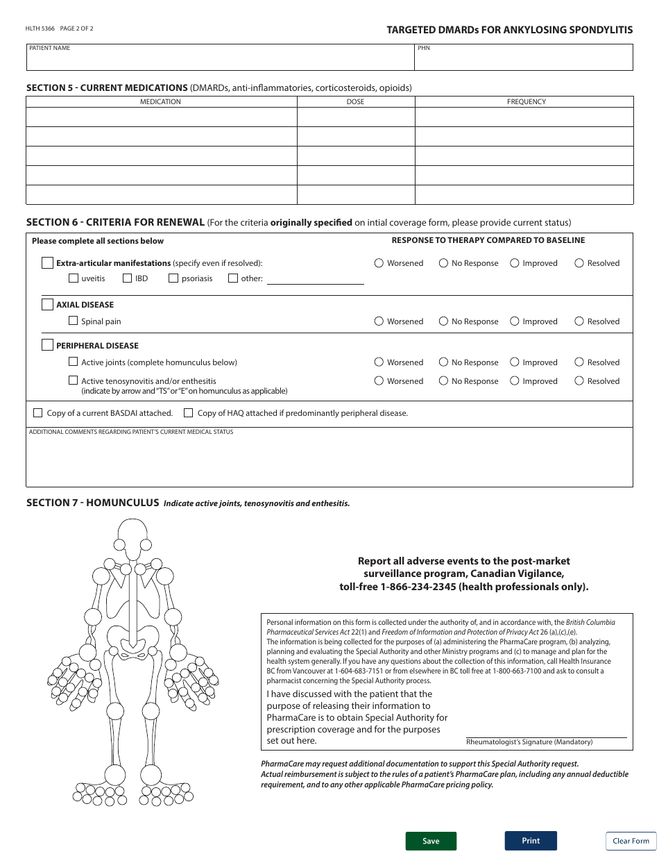 Form HLTH5366 Special Authority Request - Targeted Dmards for Ankylosing Spondylitis - Renewal / Dosing Adjustment - British Columbia, Canada, Page 2