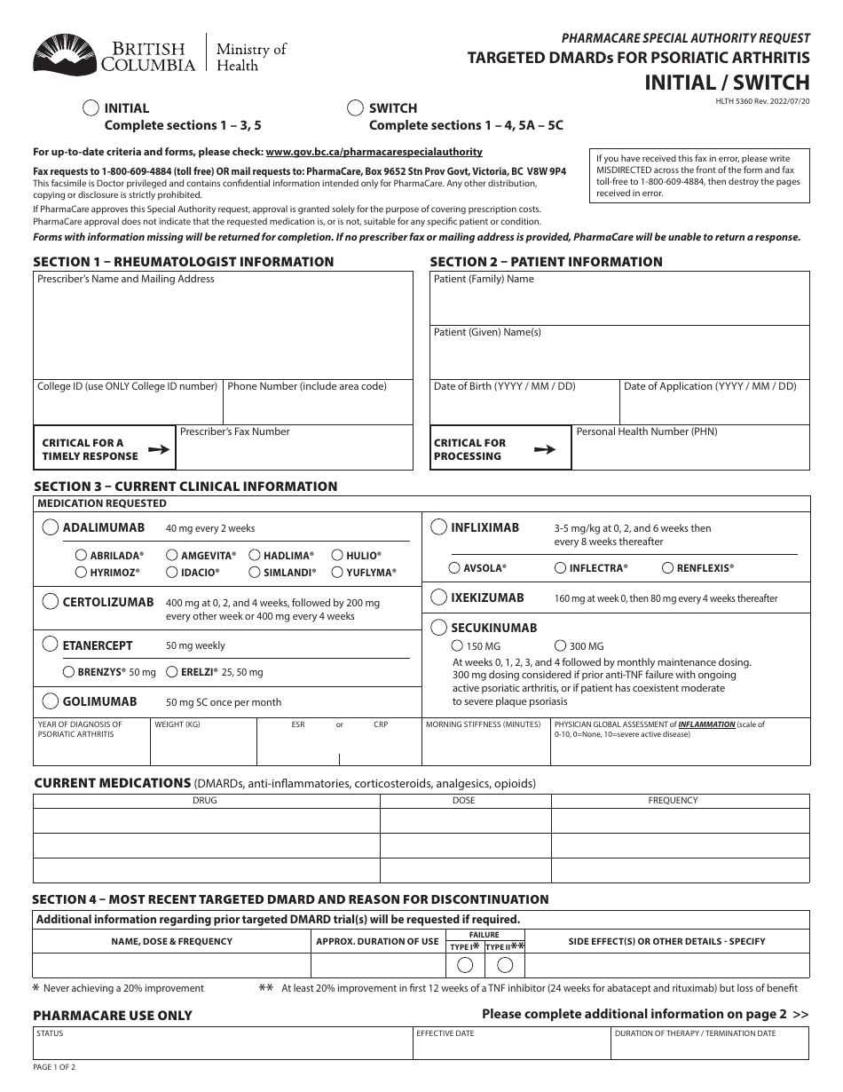 Form HLTH5360 Pharmacare Special Authority Request - Targeted Dmards for Psoriatic Arthritis - Initial / Switch - British Columbia, Canada, Page 1
