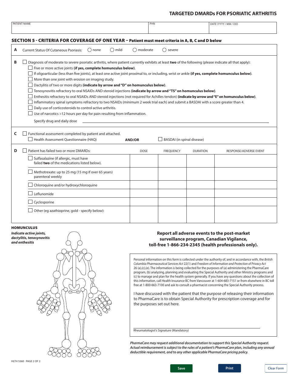 Form HLTH5360 Pharmacare Special Authority Request - Targeted Dmards for Psoriatic Arthritis - Initial / Switch - British Columbia, Canada, Page 2