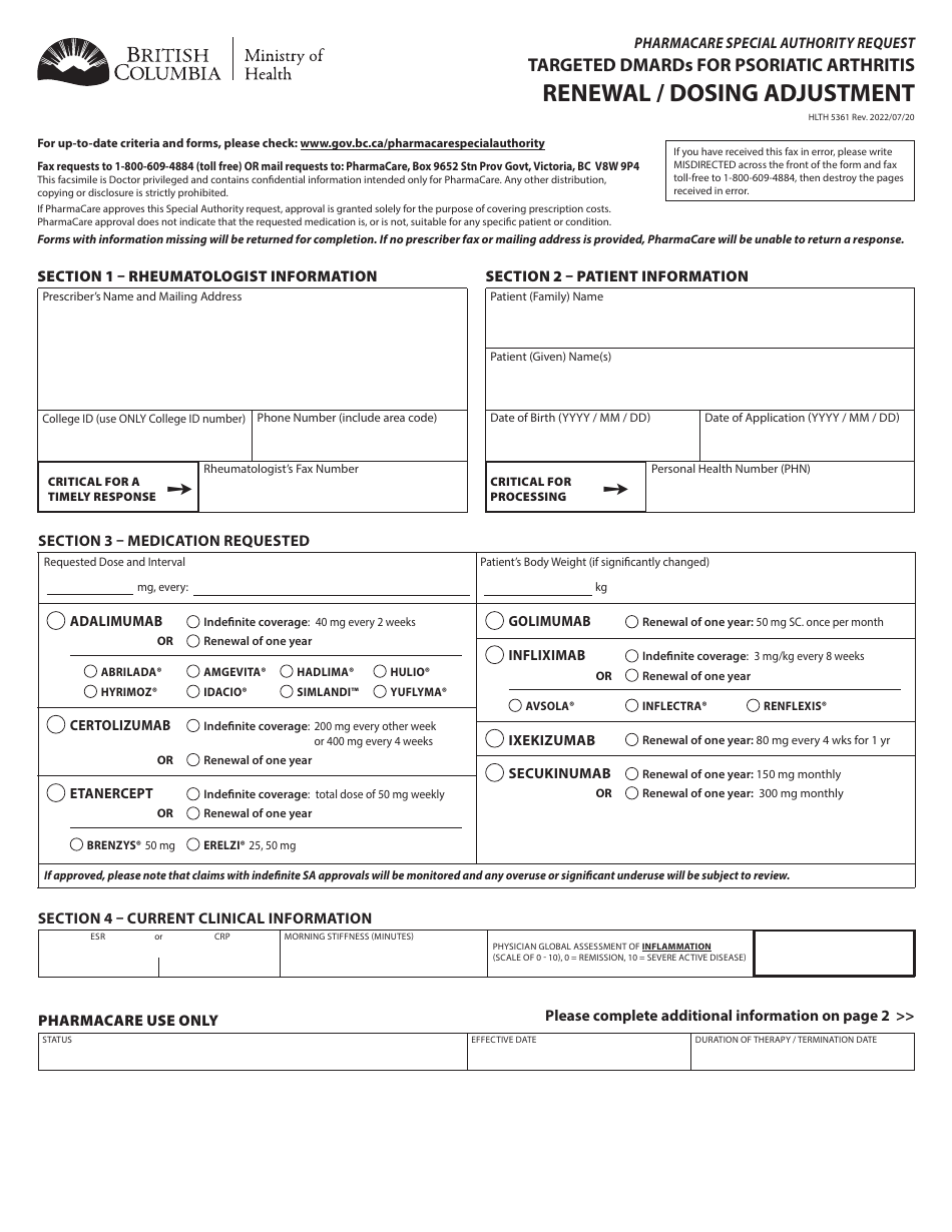 Form HLTH5361 Pharmacare Special Authority Request - Targeted Dmards for Psoriatic Arthritis - Renewal / Dosing Adjustment - British Columbia, Canada, Page 1