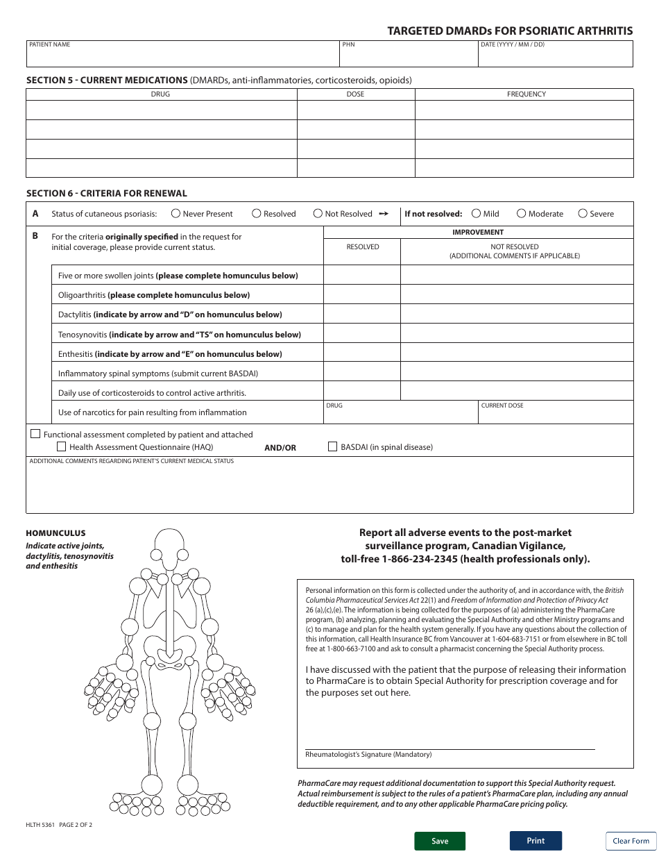 Form HLTH5361 Pharmacare Special Authority Request - Targeted Dmards for Psoriatic Arthritis - Renewal / Dosing Adjustment - British Columbia, Canada, Page 2