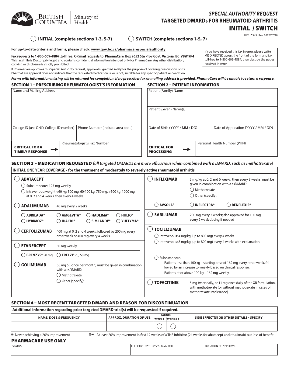Form HLTH5345 Special Authority Request - Targeted Dmards for Rheumatoid Arthritis - Initial / Switch - British Columbia, Canada, Page 1