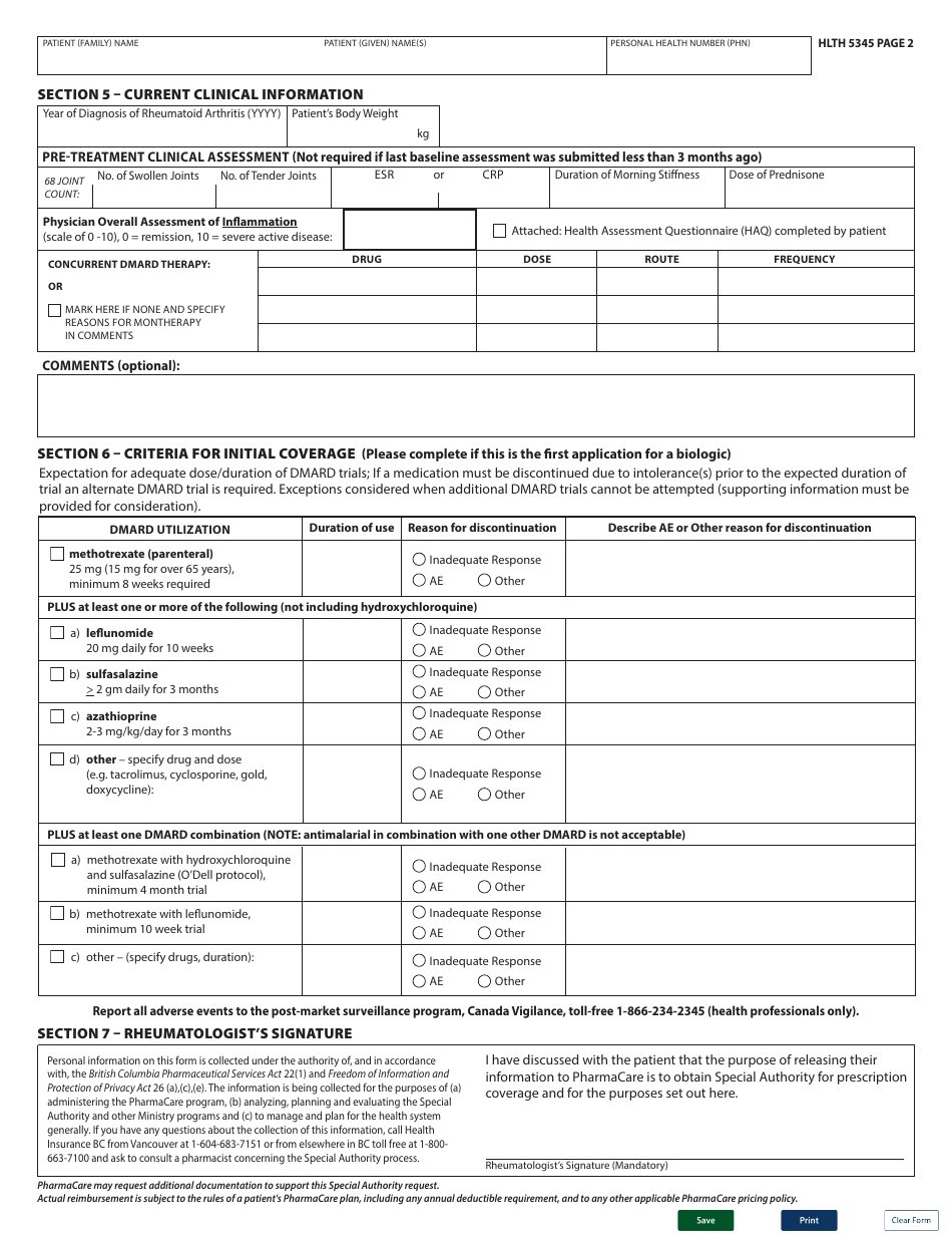 Form HLTH5345 Special Authority Request - Targeted Dmards for Rheumatoid Arthritis - Initial / Switch - British Columbia, Canada, Page 2