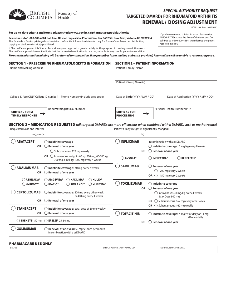 Form HLTH5354 Special Authority Request - Targeted Dmards for Rheumatoid Arthritis - Renewal / Dosing Adjustment - British Columbia, Canada, Page 1