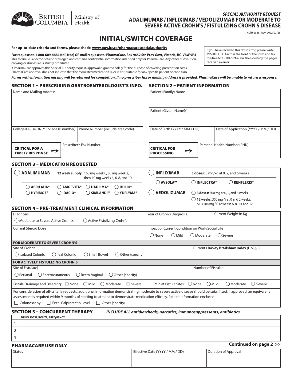 Form HLTH5368 Special Authority Request - Adalimumab / Infliximab / Vedolizumab for Moderate to Severe Active Crohns / Fistulizing Crohns Disease - Initial / Switch Coverage - British Columbia, Canada, Page 1