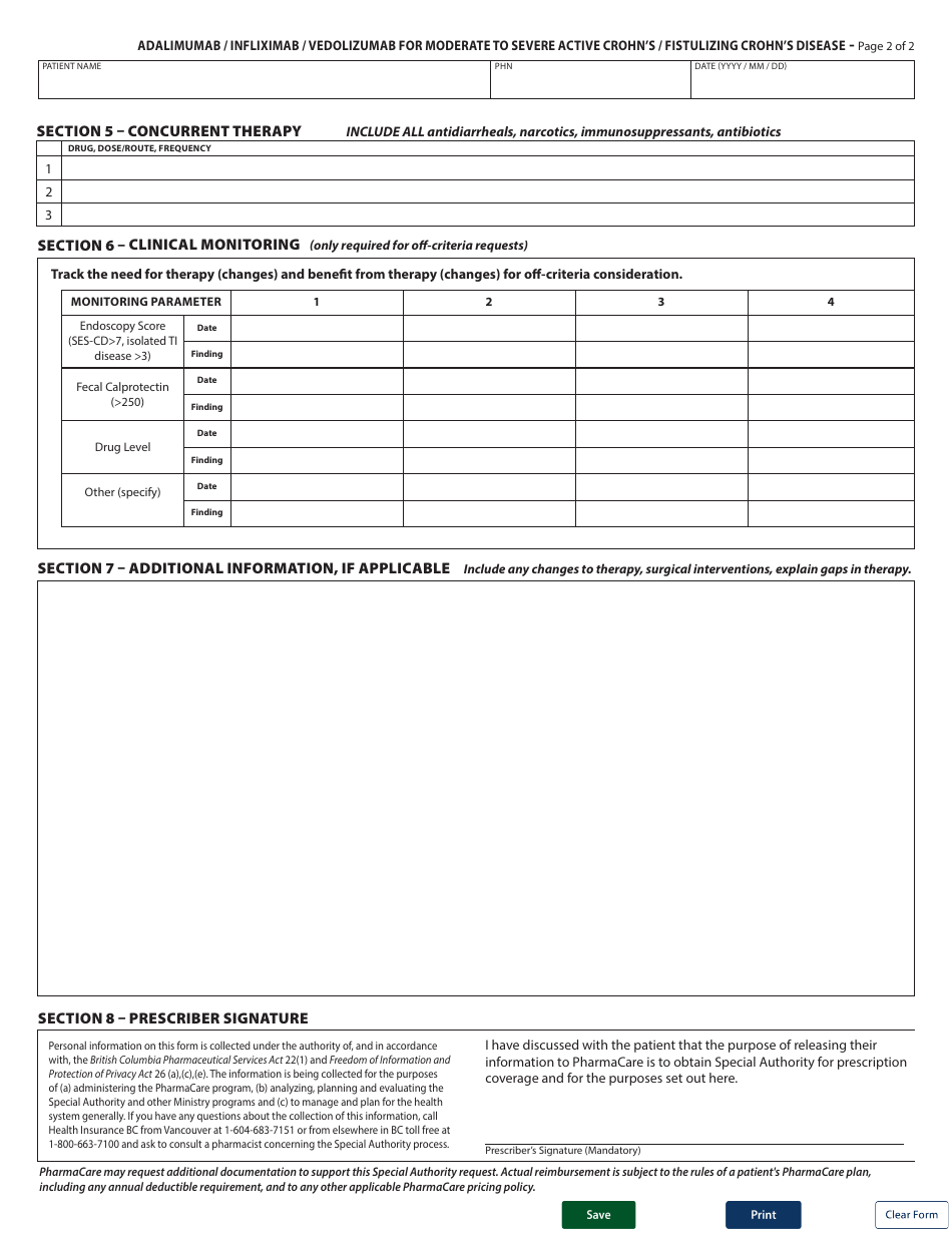 Form HLTH5495 Special Authority Request - Adalimumab / Infliximab / Vedolizumab for Moderate to Severe Active Crohns / Fistulizing Crohns Disease - Renewal Coverage - British Columbia, Canada, Page 2
