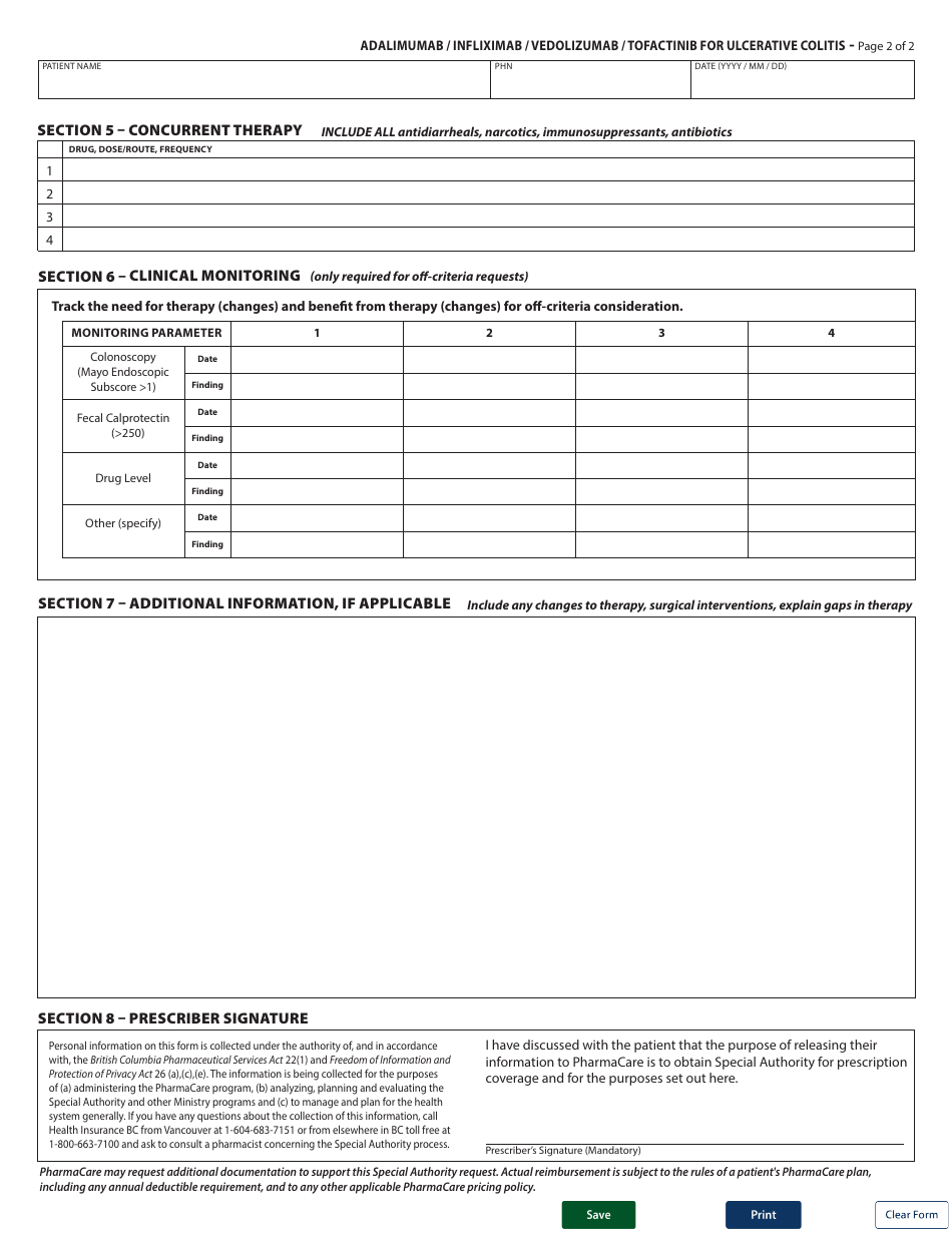 Form HLTH5497 Special Authority Request - Adalimumab / Infliximab / Vedolizumab / Tofactinib for Ulcerative Colitis - Renewal Coverage - British Columbia, Canada, Page 2