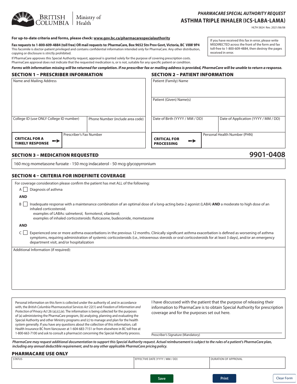 Form HLTH5824 Pharmacare Special Authority Request - Asthma Triple Inhaler (ICS-Laba-Lama) - British Columbia, Canada, Page 1