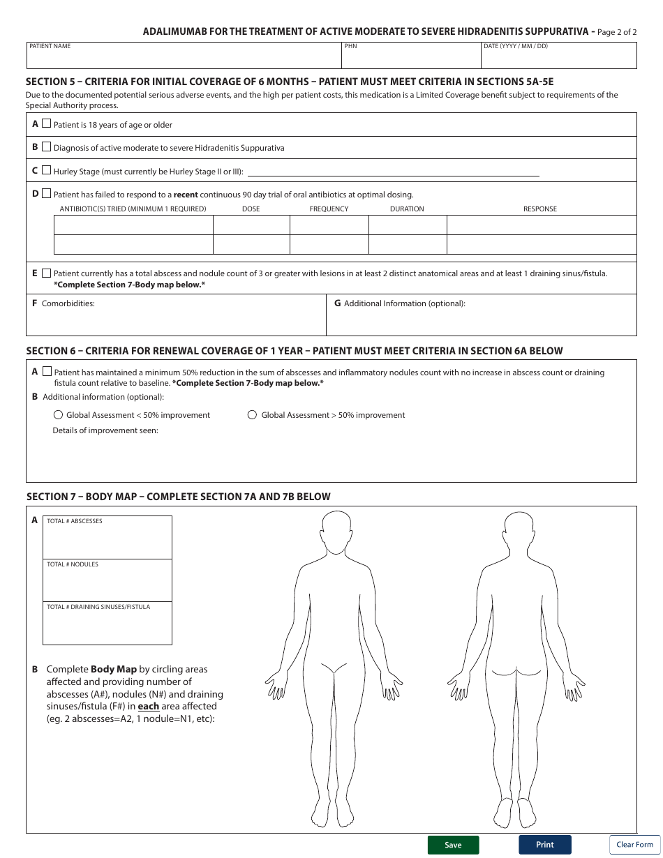 Form HLTH5485 Special Authority Request - Adalimumab for the Treatment of Active Moderate to Severe Hidradenitis Suppurativa - British Columbia, Canada, Page 2