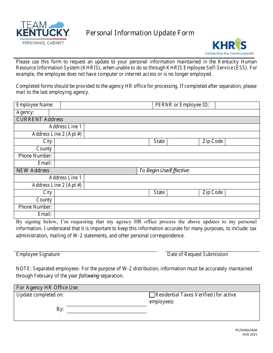 Personal Information Update Form - Kentucky, Page 1