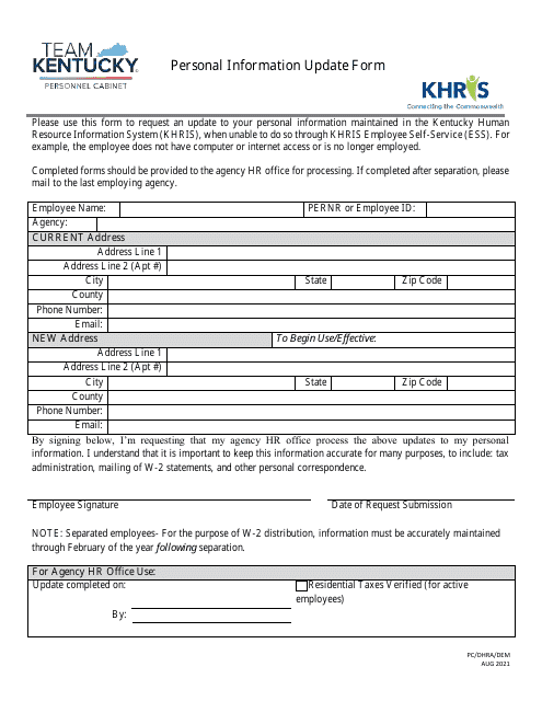 Personal Information Update Form - Kentucky Download Pdf