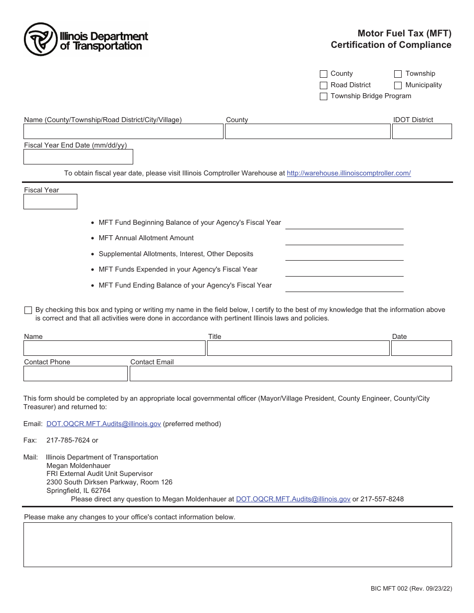 Form BIC MFT002 Motor Fuel Tax (Mft) Certification of Compliance - Illinois, Page 1