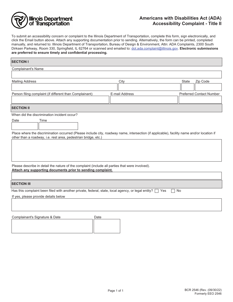 Form BCR2456 Americans With Disabilities Act (Ada) Accessibility Complaint - Title Ii - Illinois, Page 1