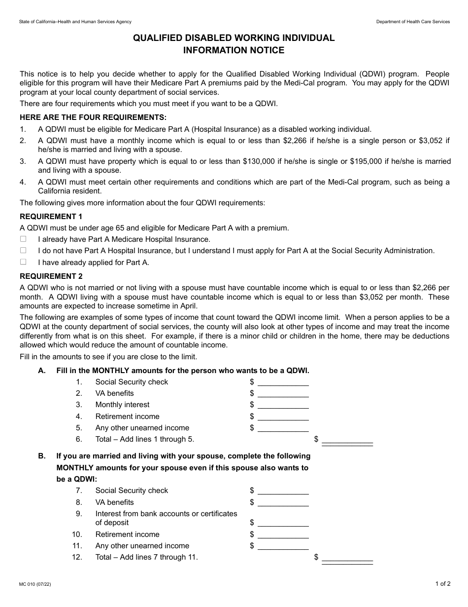 Form MC010 Qualified Disabled Working Individual Information Notice - California, Page 1
