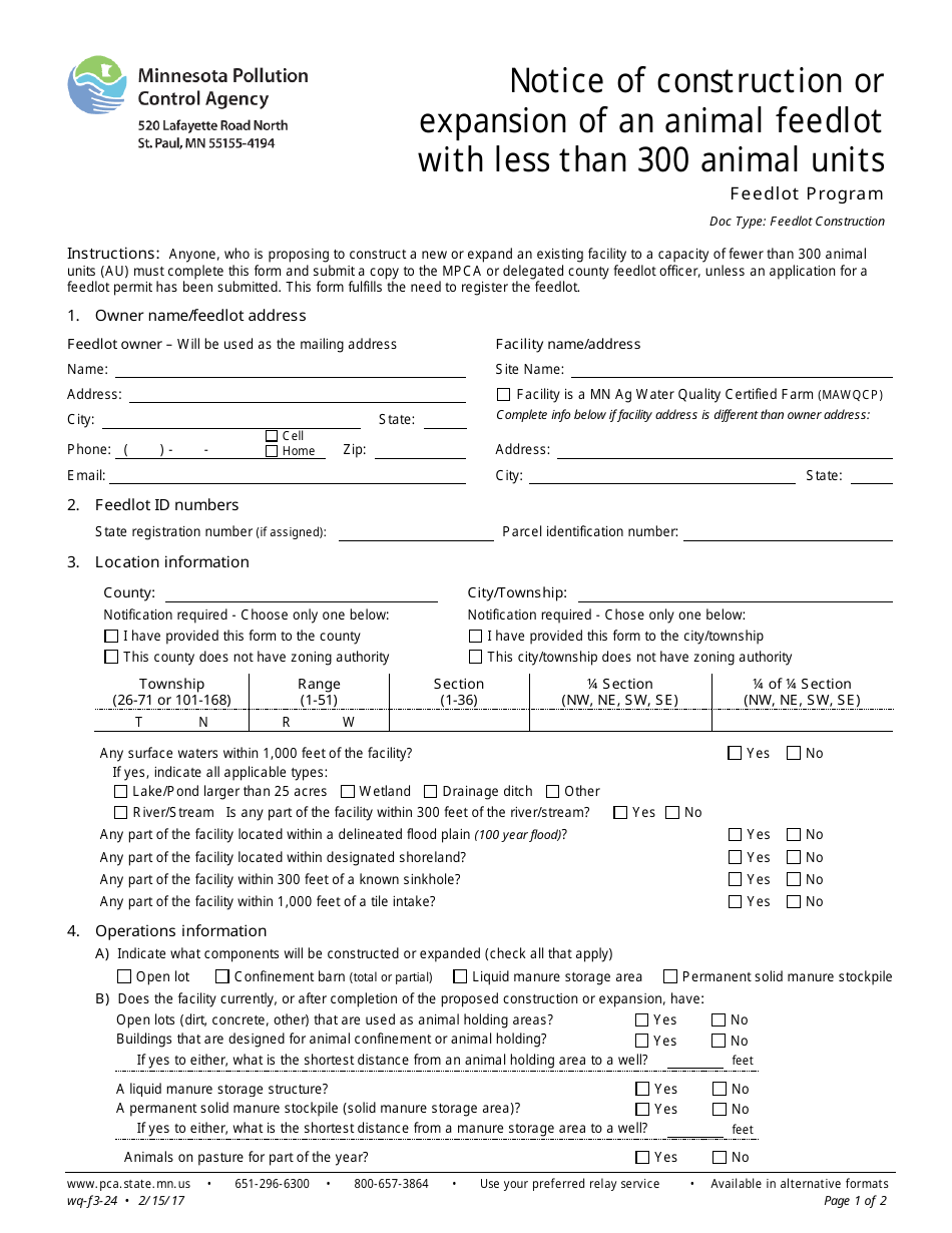 Form wq-f3-24 Notice of Construction or Expansion of an Animal Feedlot With Less Than 300 Animal Units - Feedlot Program - Minnesota, Page 1