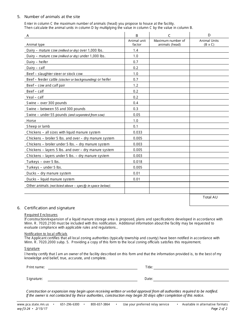 Form wq-f3-24 Notice of Construction or Expansion of an Animal Feedlot With Less Than 300 Animal Units - Feedlot Program - Minnesota, Page 2