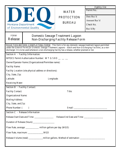 Form RELEASE Domestic Sewage Treatment Lagoon Non-discharging Facility Release Form - Montana