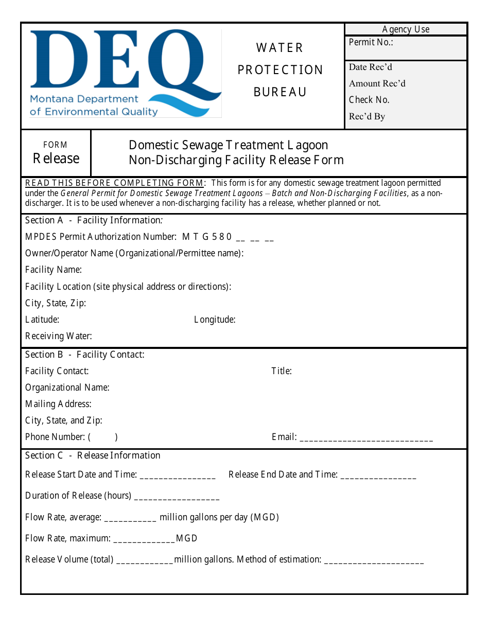 Form RELEASE Domestic Sewage Treatment Lagoon Non-discharging Facility Release Form - Montana, Page 1
