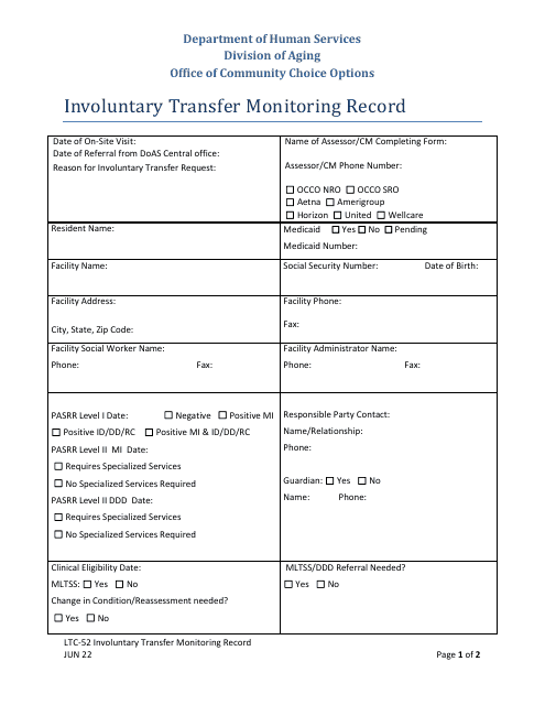 Form LTC-52 Involuntary Transfer Monitoring Record - New Jersey