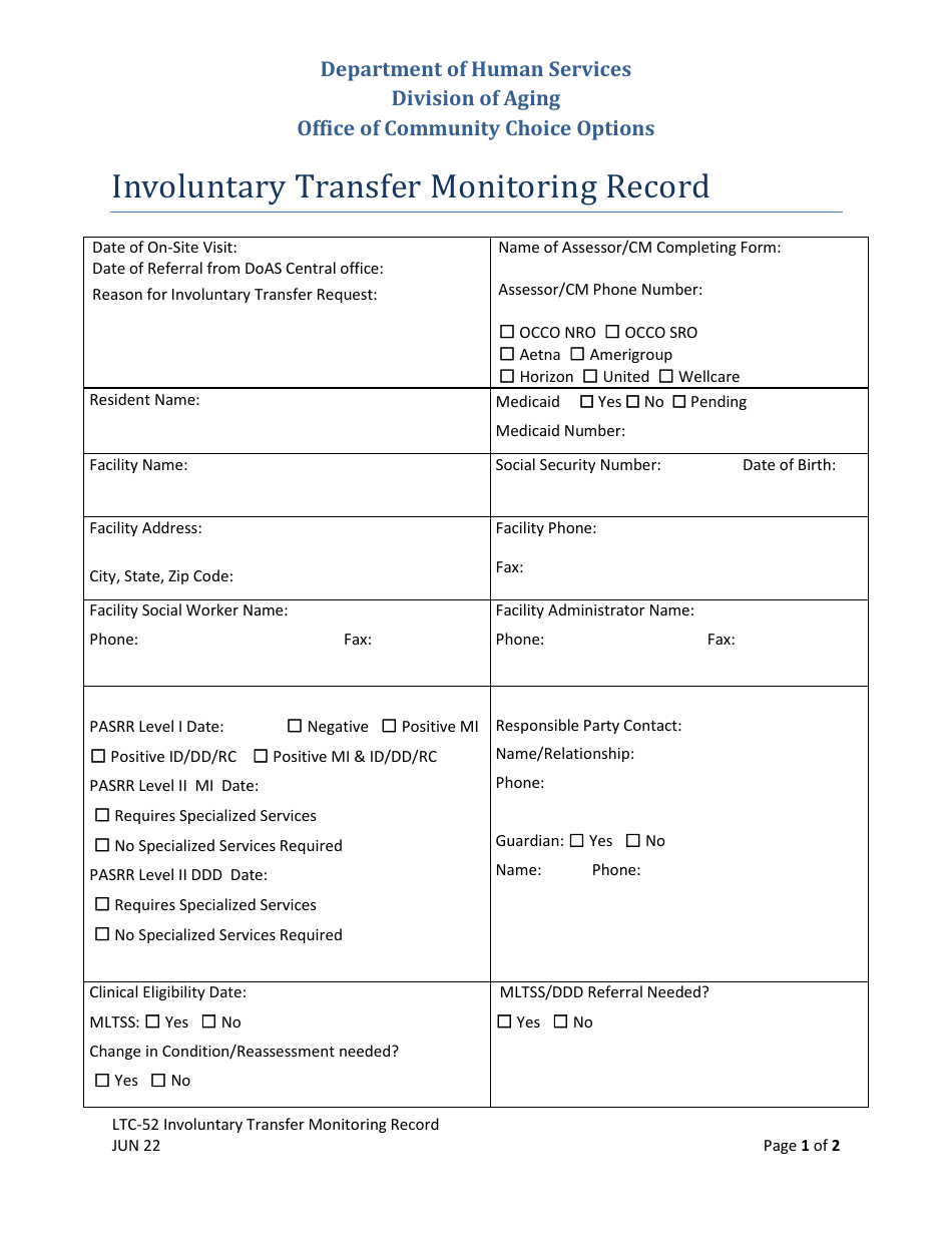 Form LTC-52 Involuntary Transfer Monitoring Record - New Jersey, Page 1