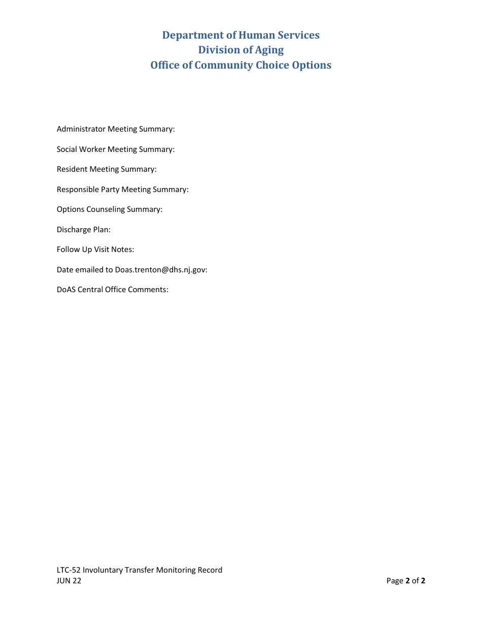 Form LTC-52 Involuntary Transfer Monitoring Record - New Jersey, Page 2