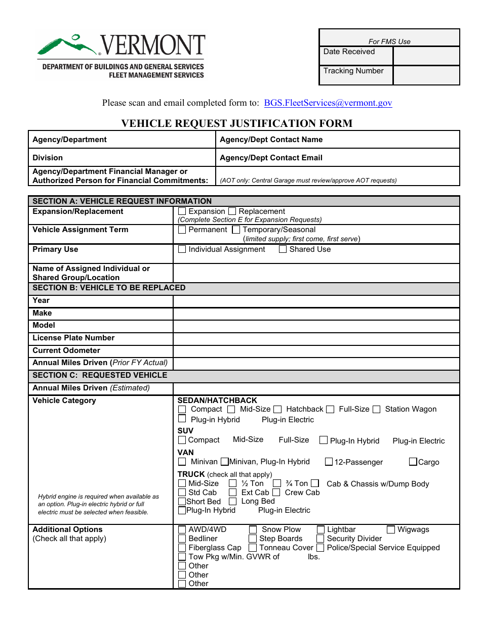 Vehicle Request Justification Form - Vermont, Page 1