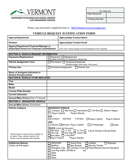 Vehicle Request Justification Form - Vermont