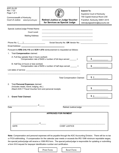 Form AOC-SJ-20 Retired Justice or Judge Voucher for Services as Special Judge - Kentucky
