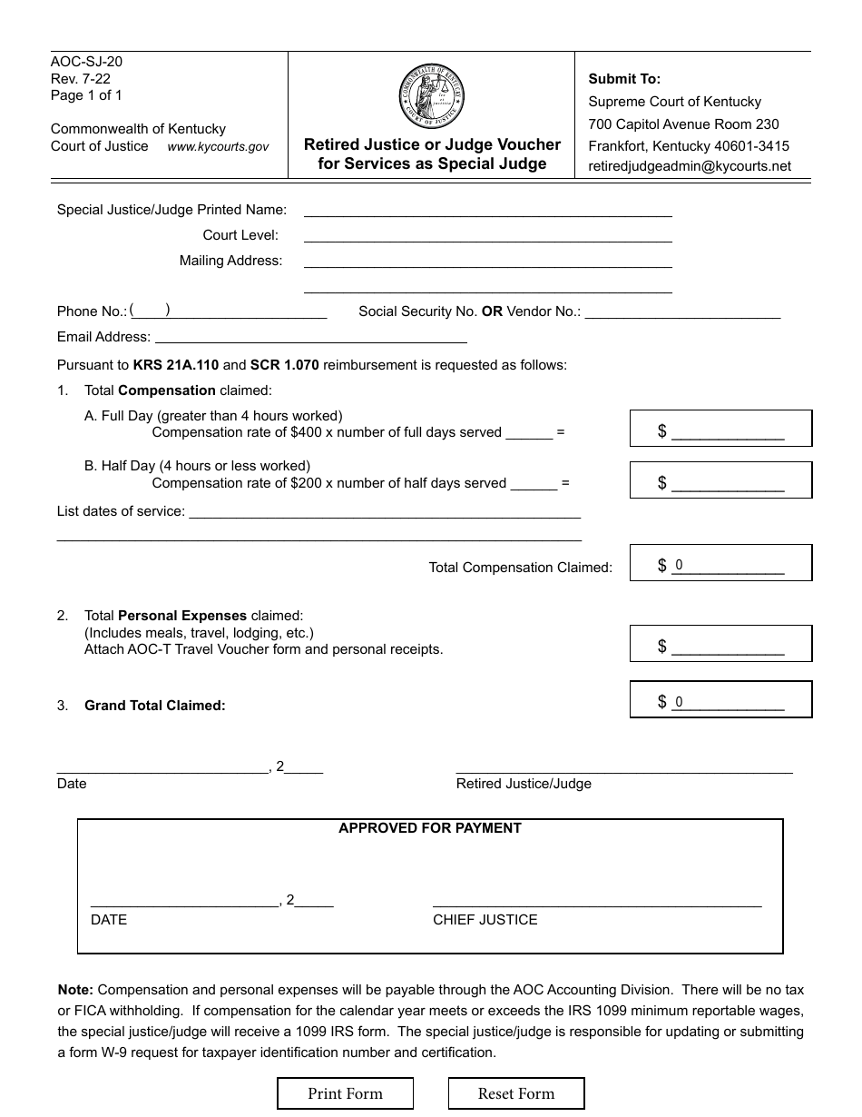 Form AOC-SJ-20 Retired Justice or Judge Voucher for Services as Special Judge - Kentucky, Page 1
