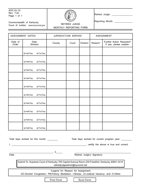 Form AOC-SJ-10 Retired Judge Monthly Reporting Form - Kentucky