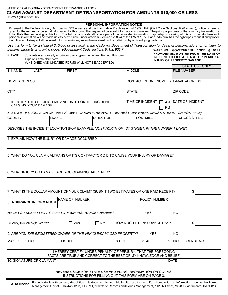 Form LD-0274 Claim Against Department of Transportation for Amounts $10,000 or Less - California, Page 1