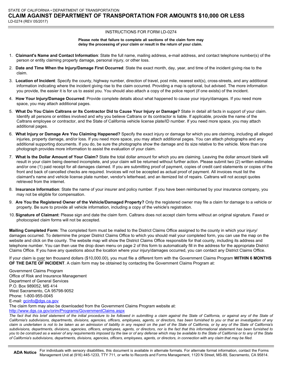 Form LD-0274 Claim Against Department of Transportation for Amounts $10,000 or Less - California, Page 3